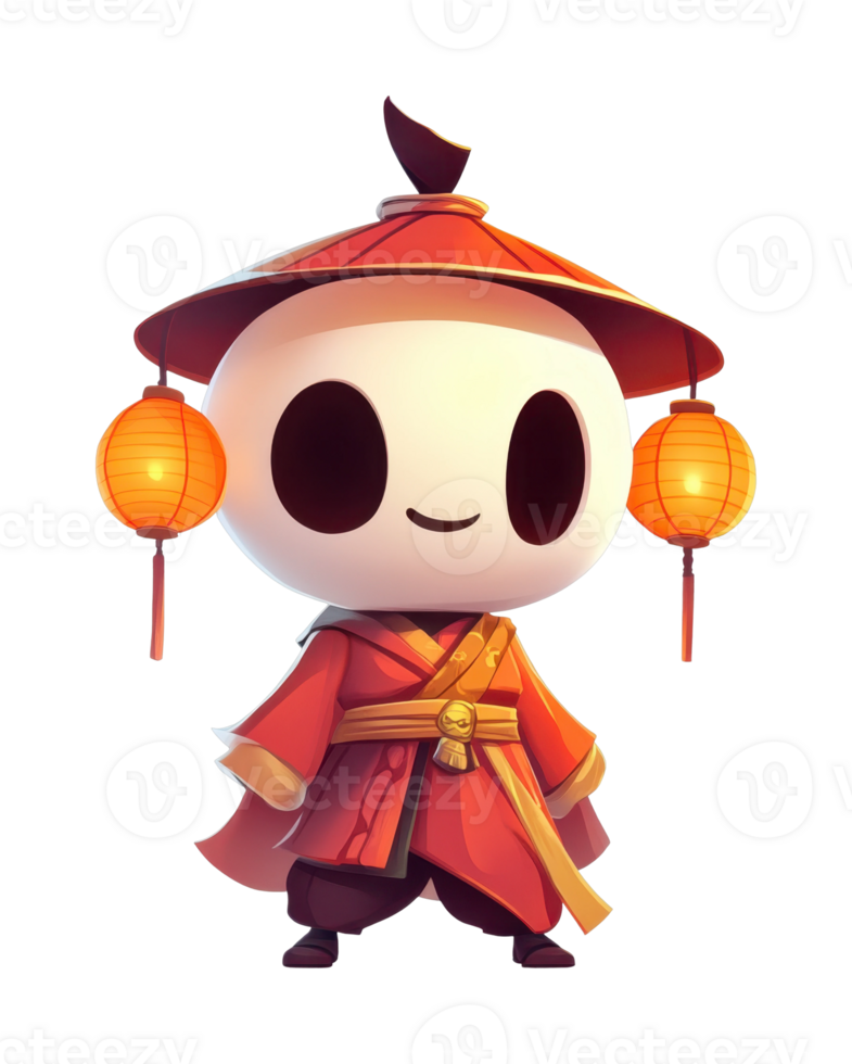 Cute cartoon character in traditional asian attire with lanterns png
