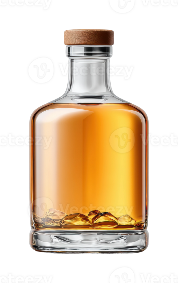 Glass bottle of amber whiskey with ice cubes on a transparent background png