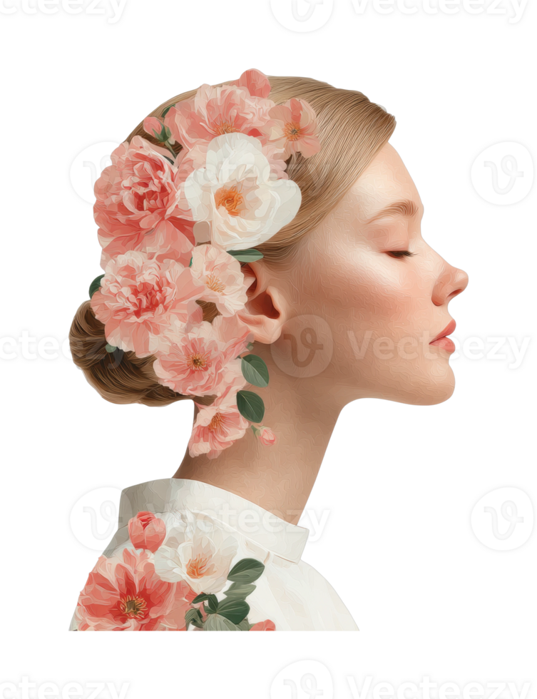 Profile of young caucasian female with floral headpiece and soft expression png