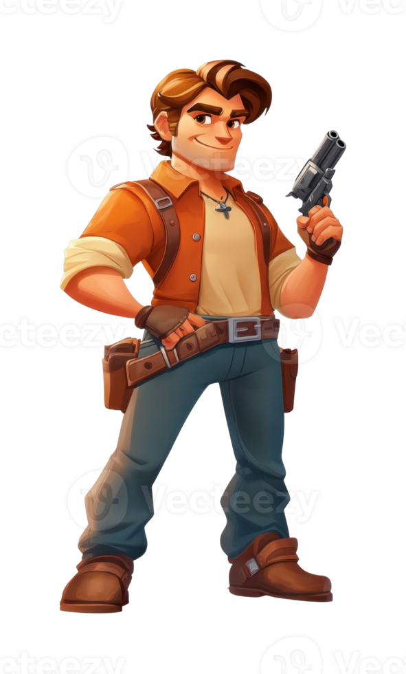 Animated male adventurer holding a pistol in confident stance png