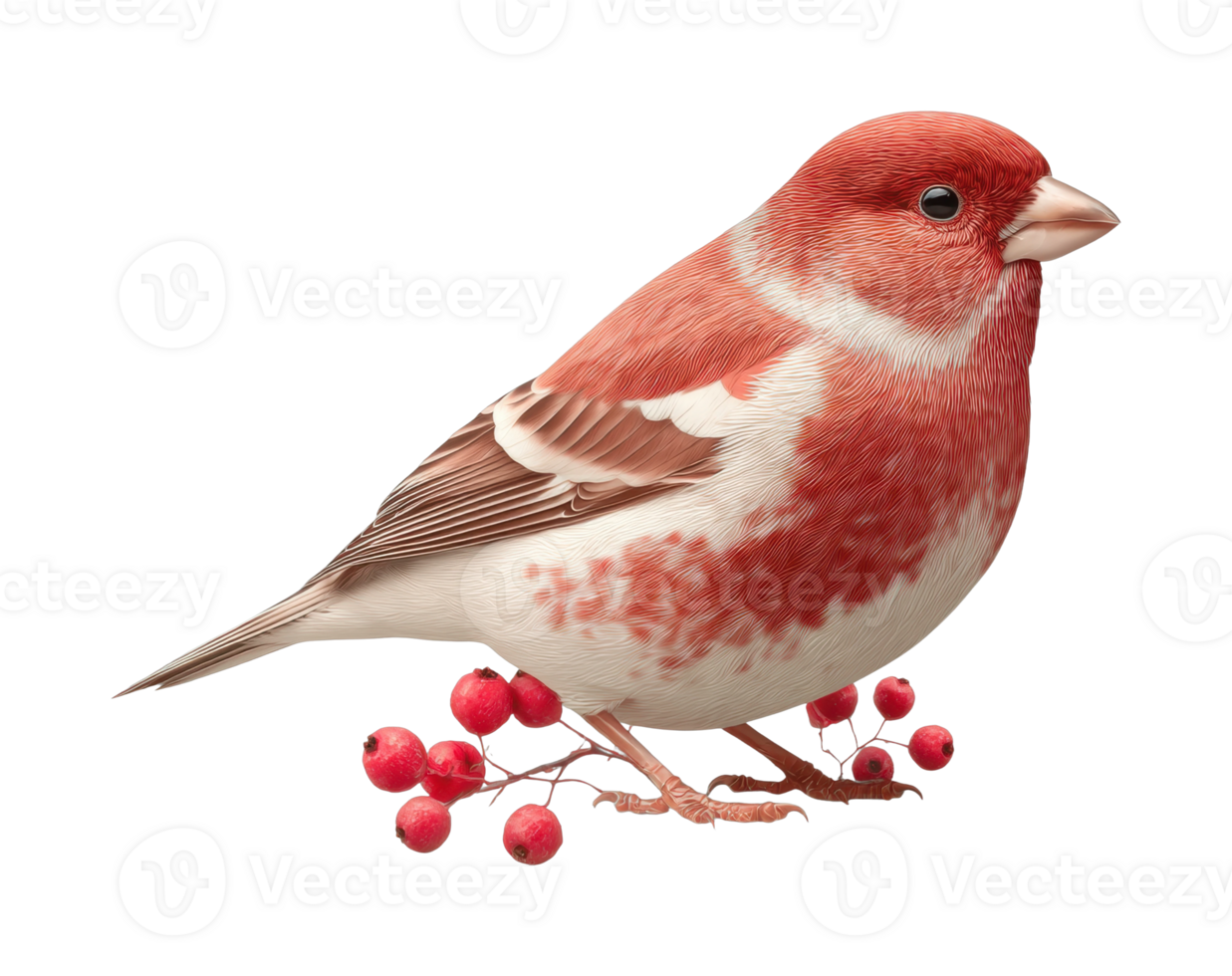 Detailed illustration of a red and white bird with berries png