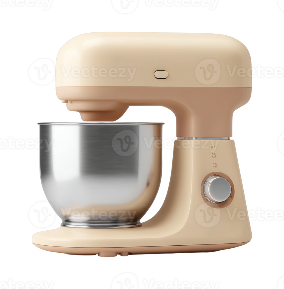 Beige electric stand mixer with stainless steel bowl for kitchen baking png