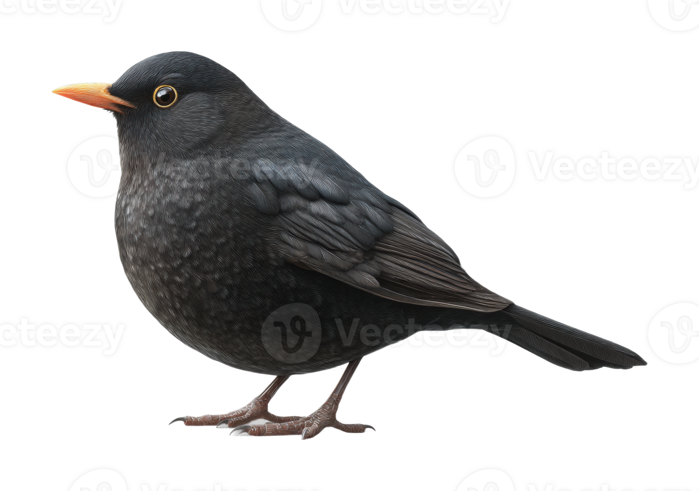 Detailed side view of a blackbird with bright yellow beak png