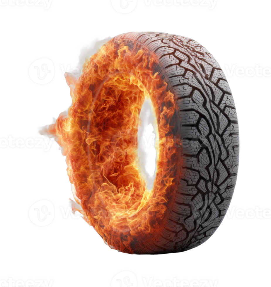 Fiery tire with flames and detailed tread pattern png
