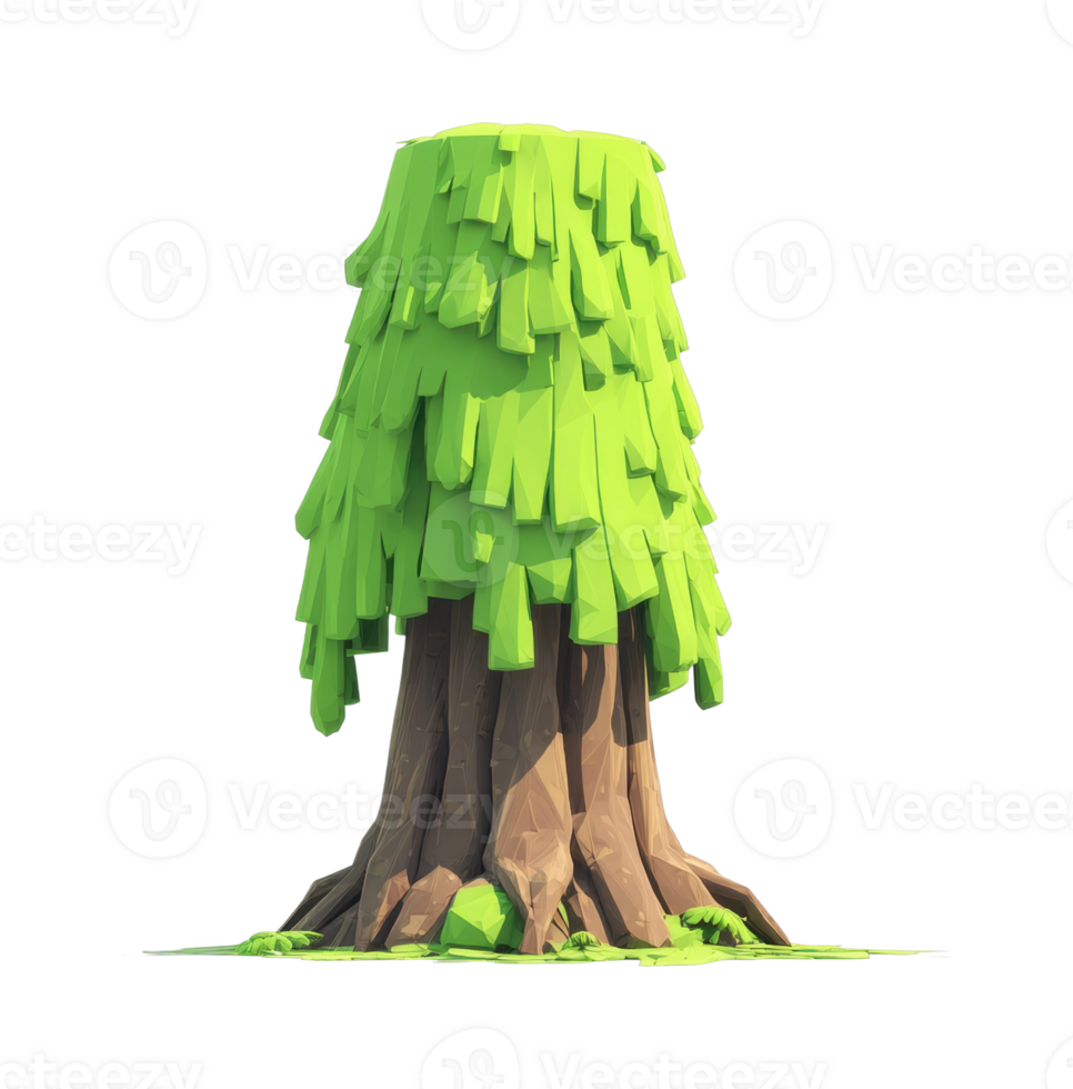 Cartoon low-poly tree with geometric green foliage and brown trunk png