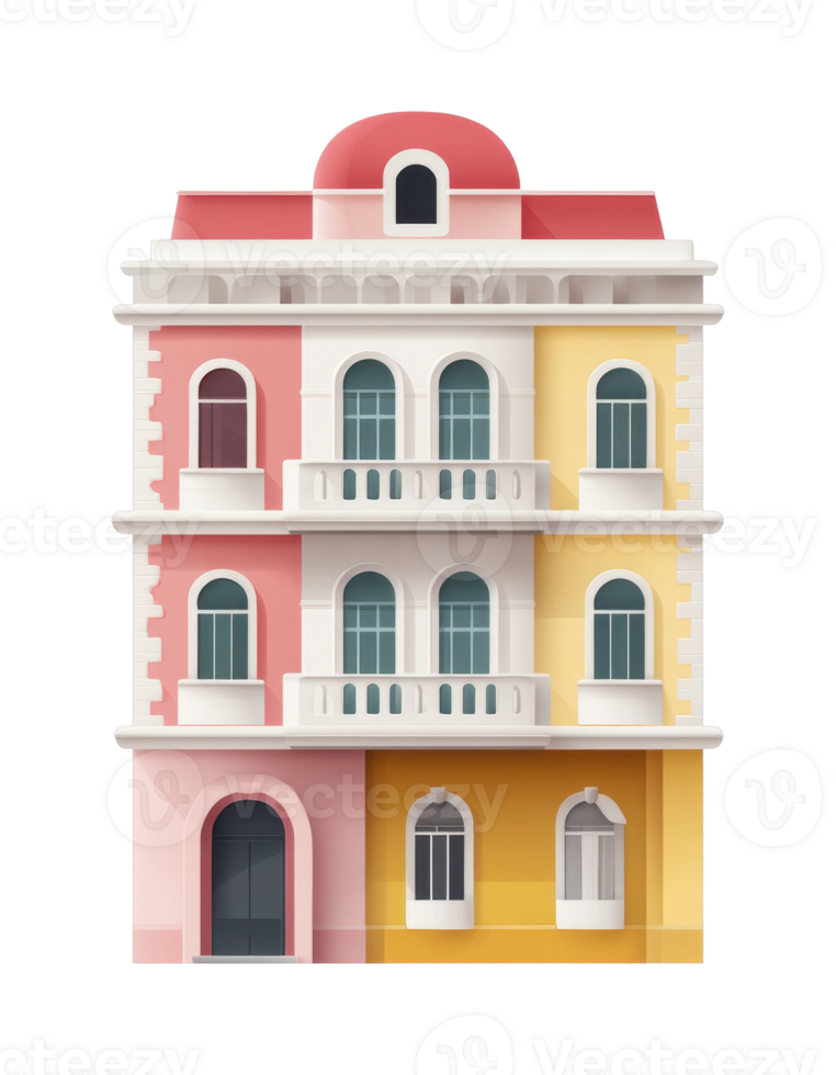 Charming multi-story building with colorful facade and arched windows png
