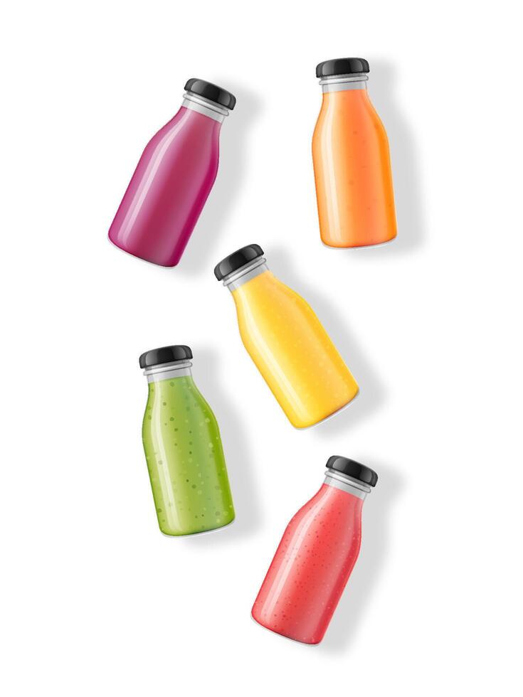 Bottles of colorful fruit juices vector