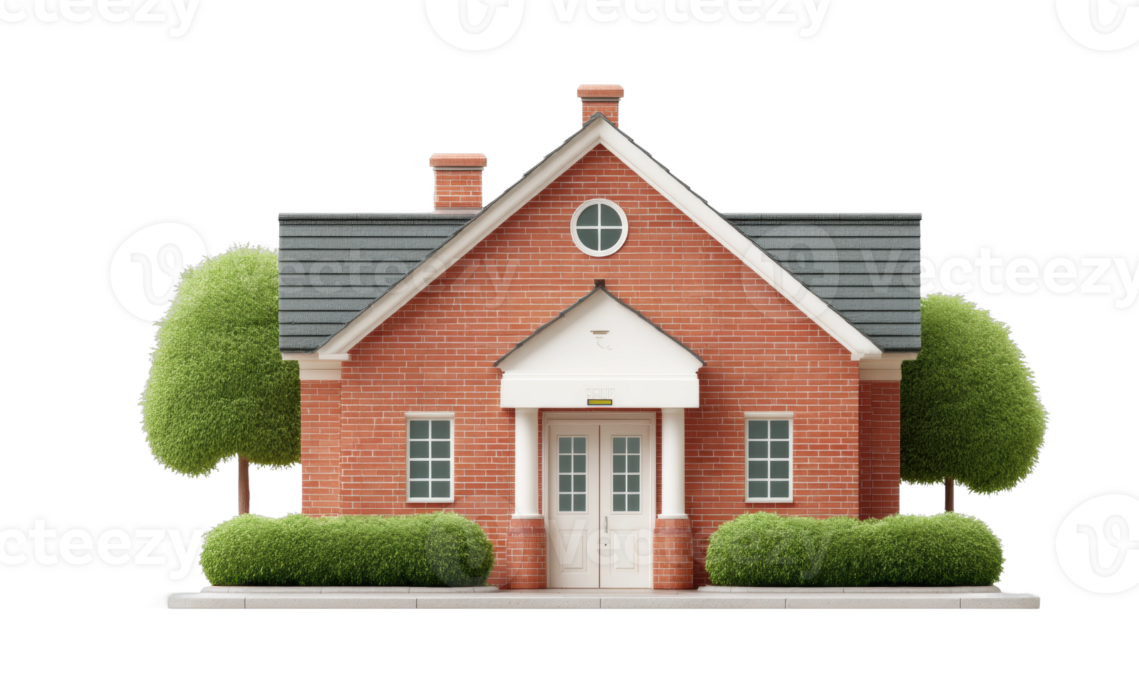 Charming brick house with symmetrical design and greenery png