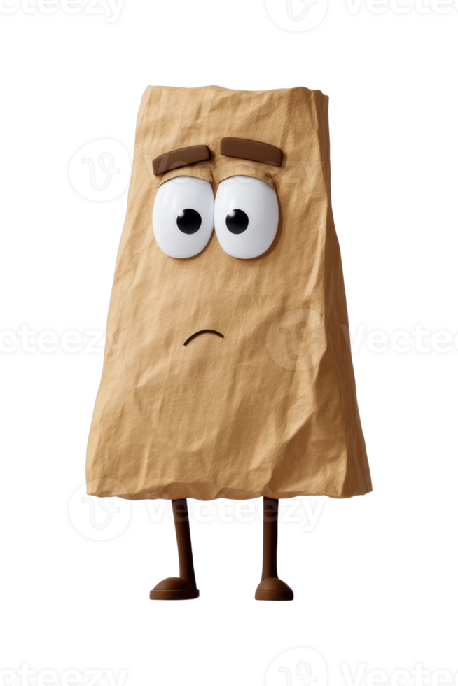 Cartoon paper bag character with expressive eyes and sad expression png