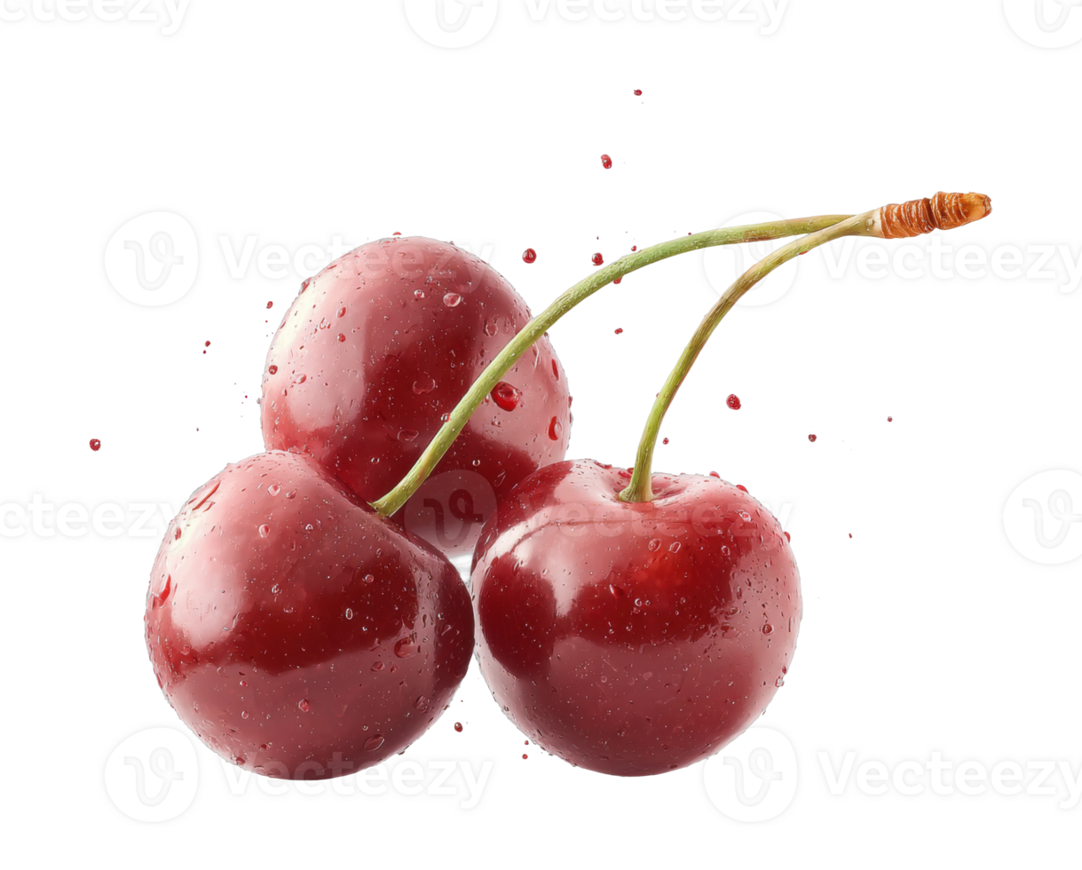 Close-up of fresh red cherries with water droplets and stems png