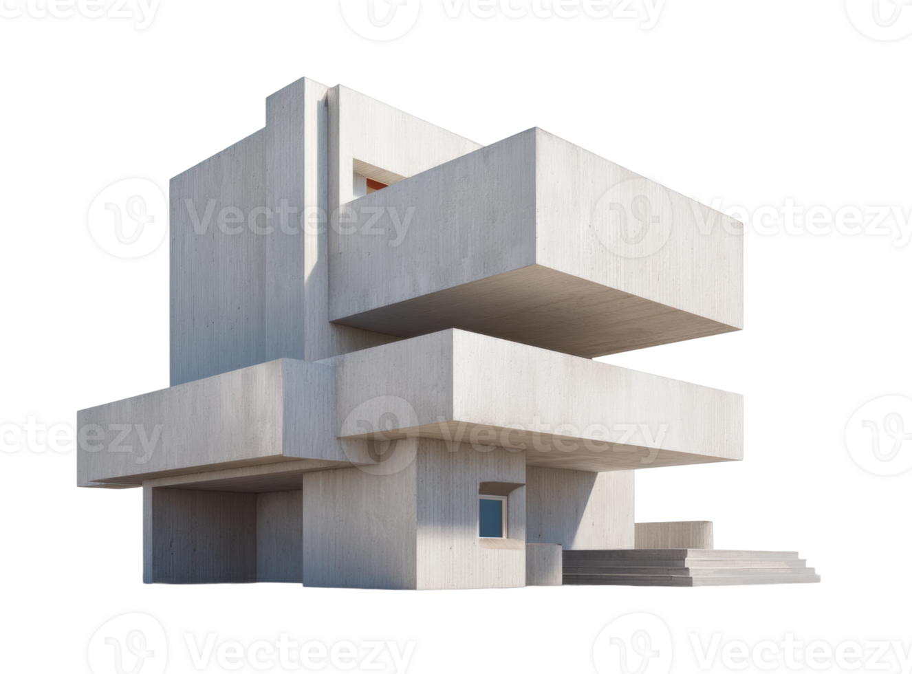 Modern minimalist concrete building with geometric design and tiered structure png