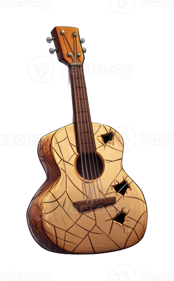 Cracked acoustic guitar with visible holes and strings png
