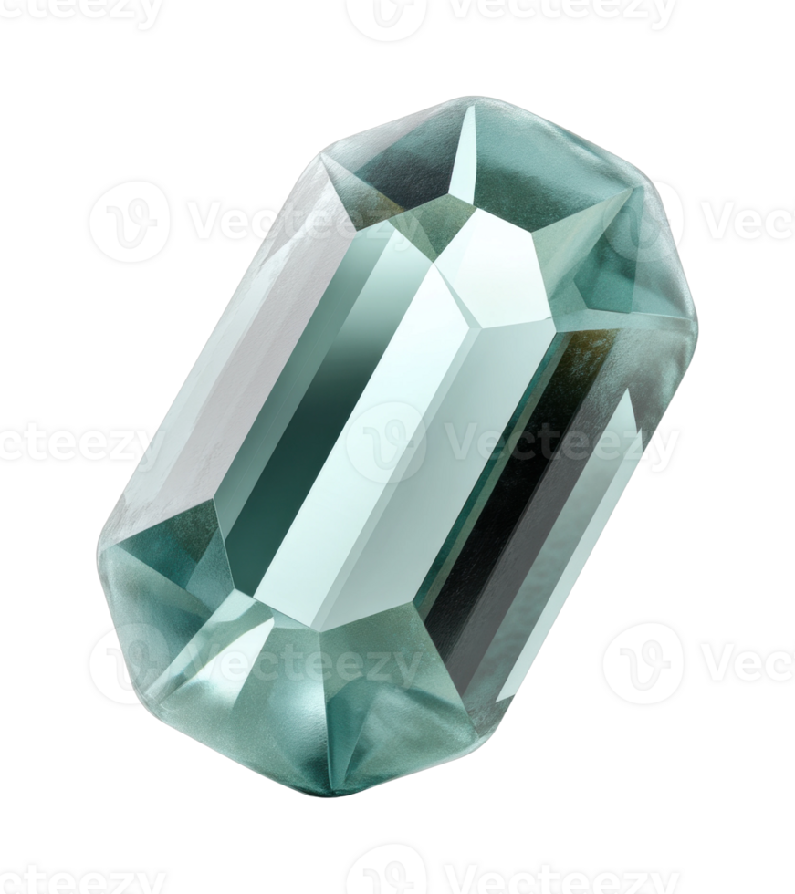 Faceted aquamarine gemstone with octagonal shape and transparent reflection png