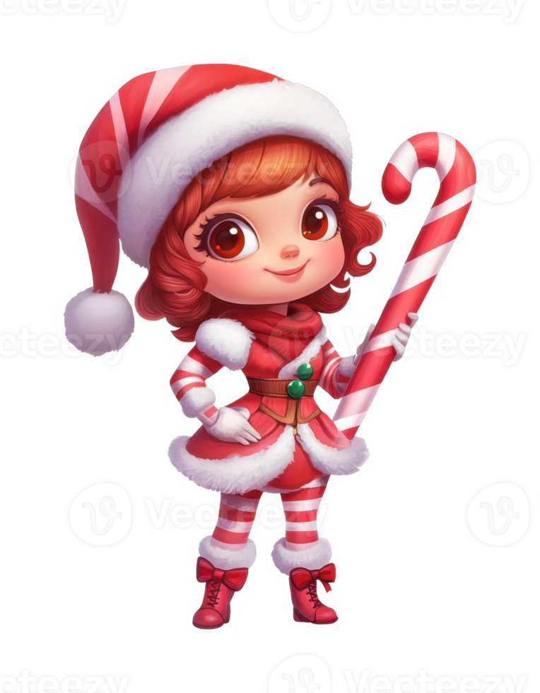 Cheerful cartoon girl in christmas costume with candy cane png