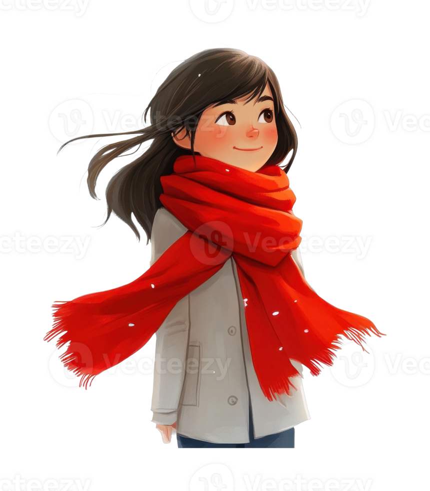 Young asian girl with red scarf smiling in winter ensemble png