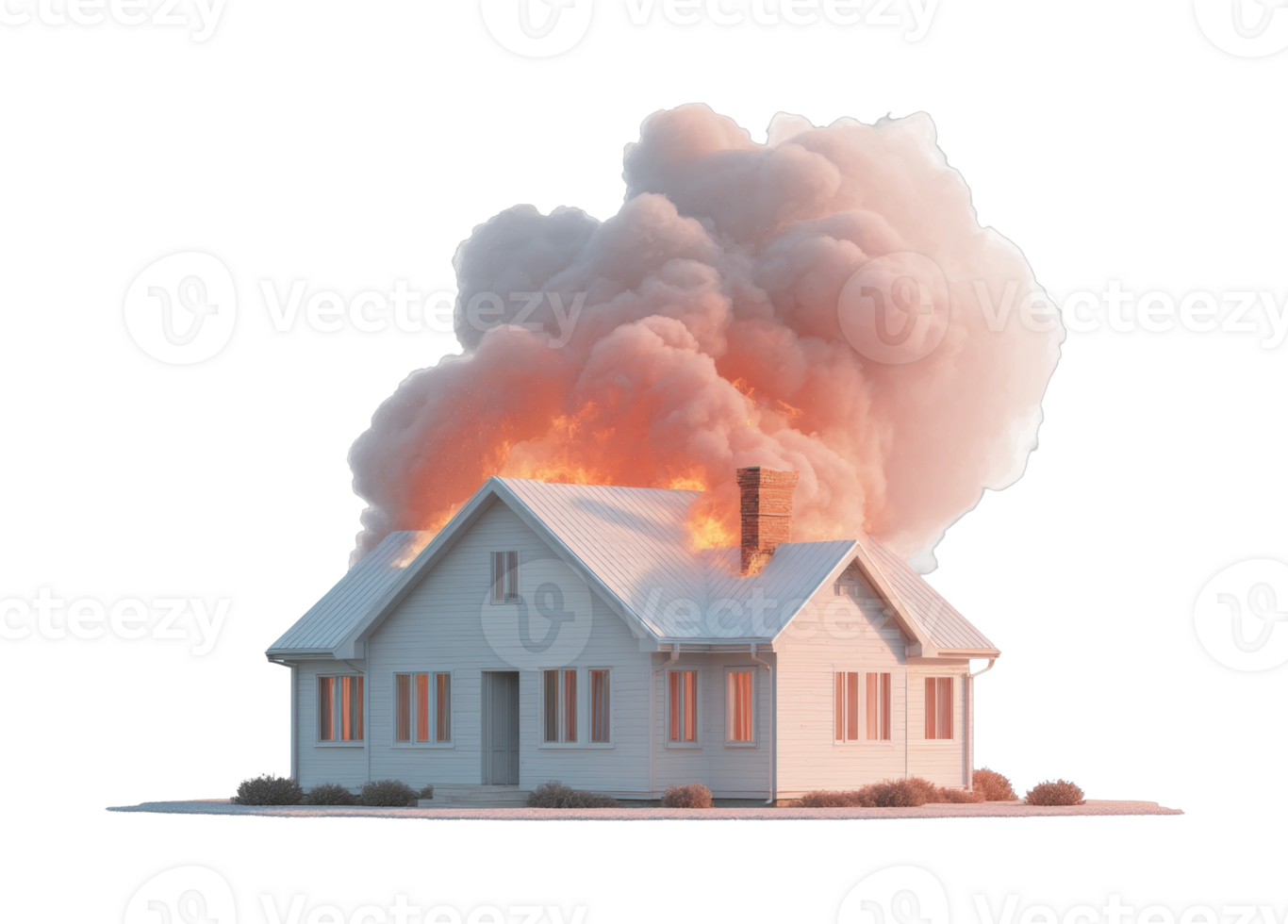 House fire with intense flames and thick smoke rising over residential building png