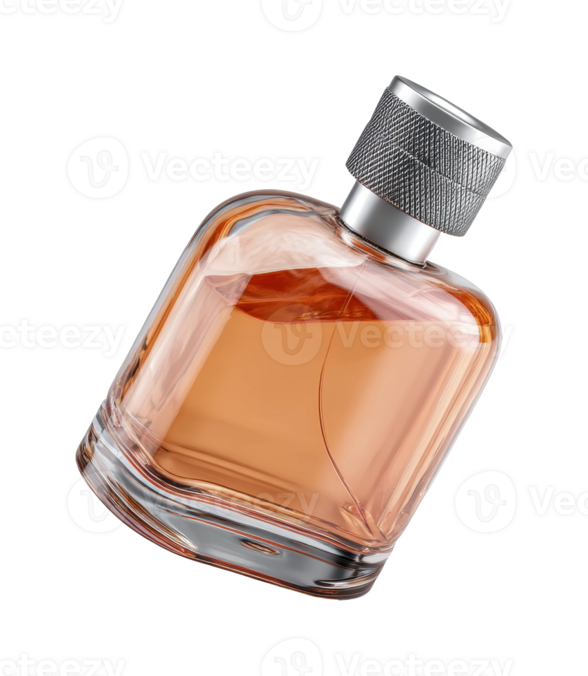 Transparent glass perfume bottle with metallic cap on black background png