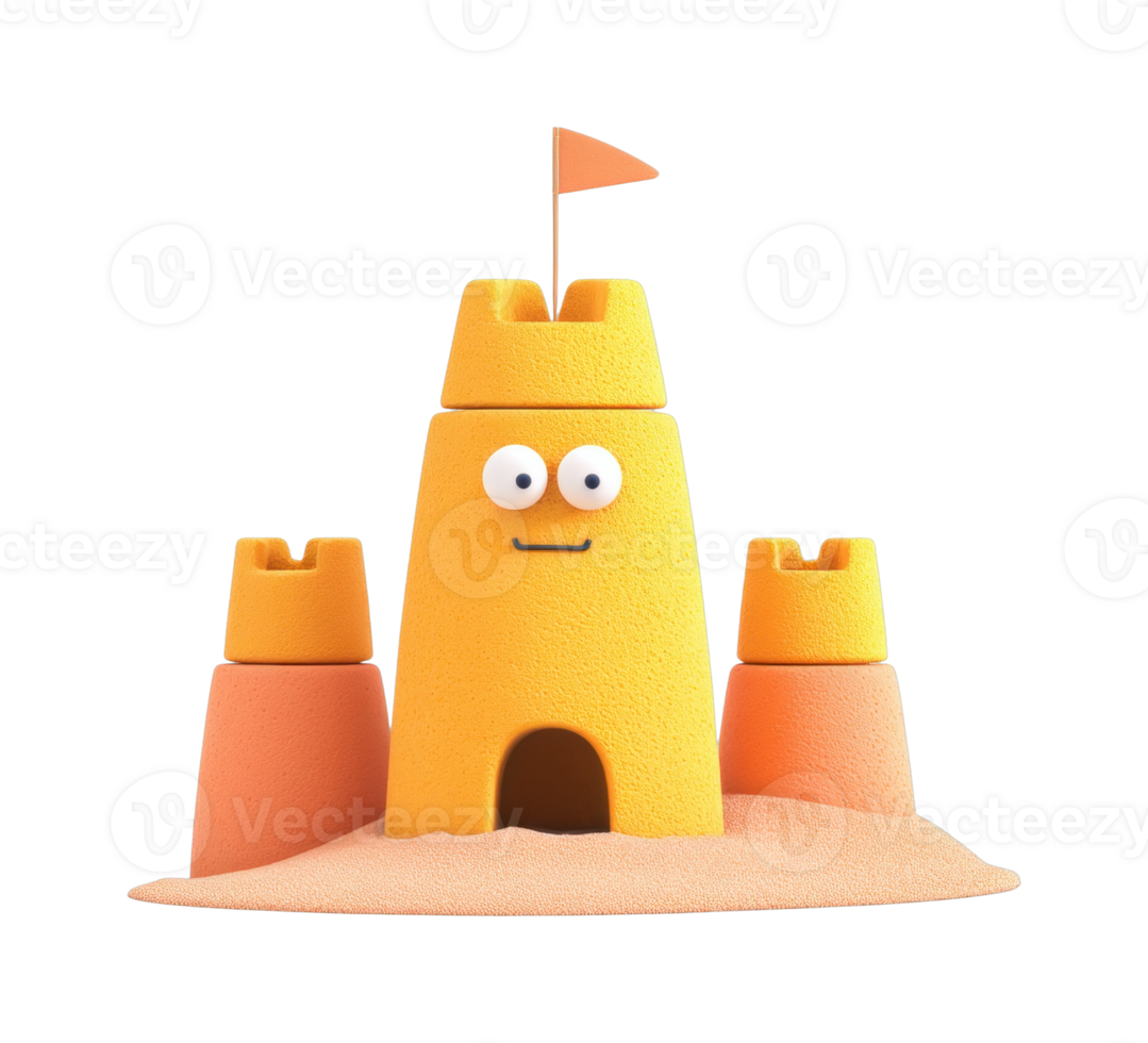 Smiling sandcastle with flag and eyes displaying playful beach charm png