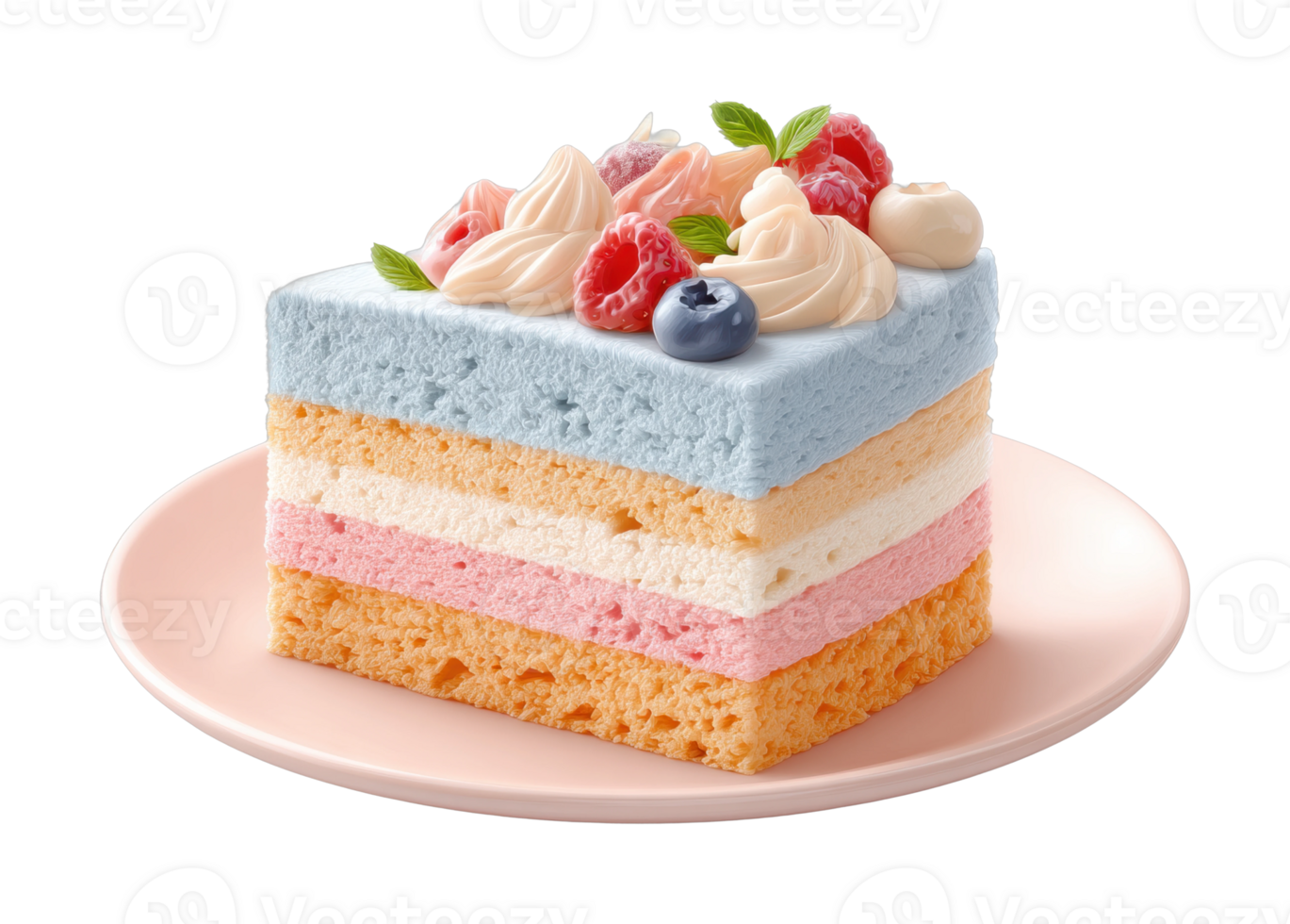 Tri-layered cake slice with berries and cream topping png
