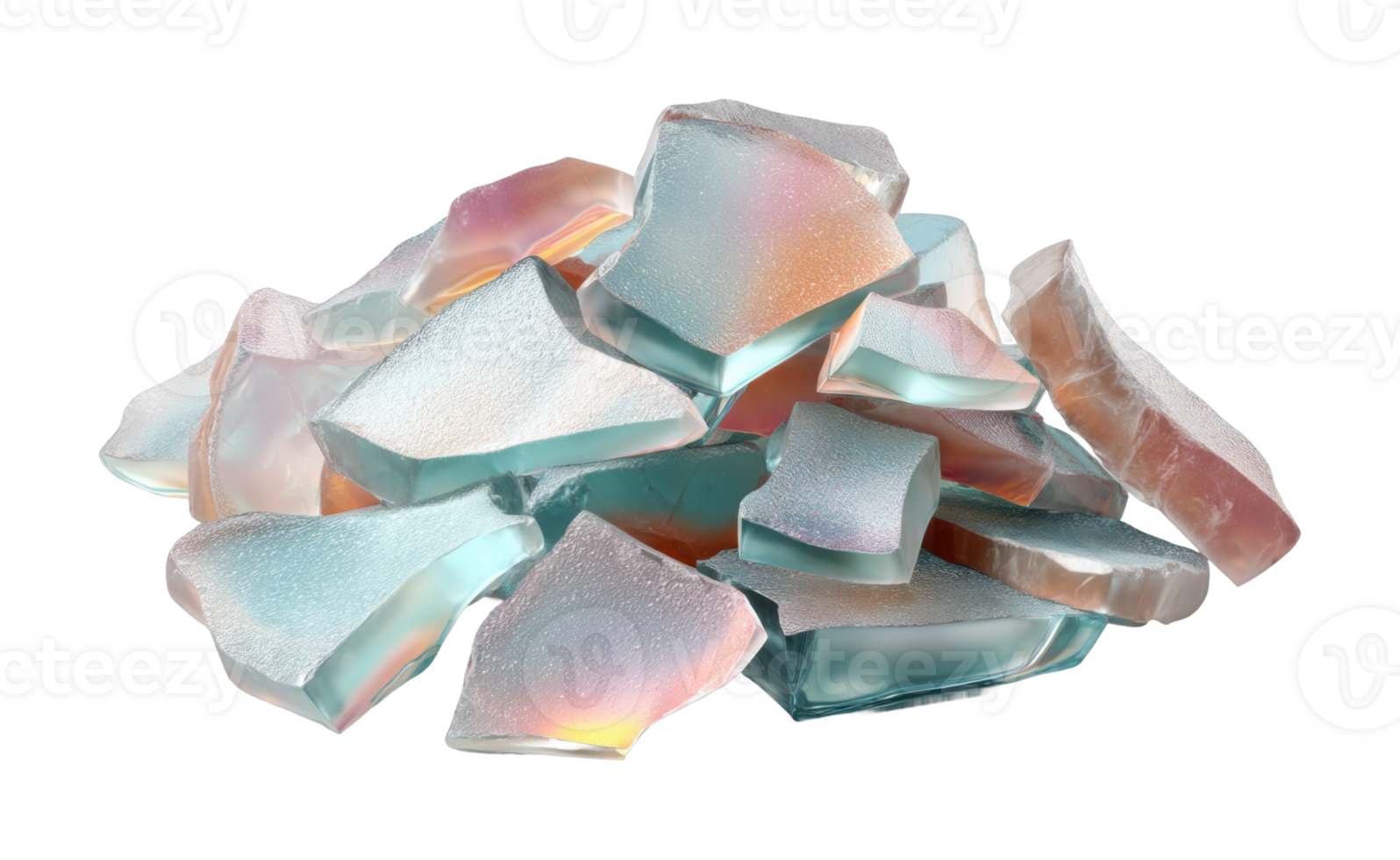 Collection of iridescent glass fragments with textured surfaces png