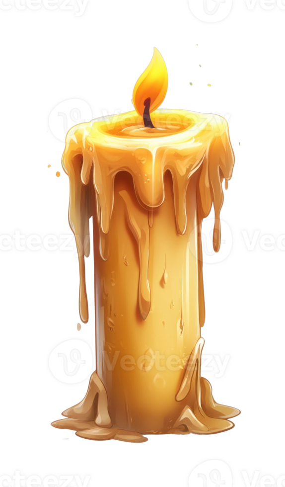 Glowing melted wax candle with flickering flame drip effect png