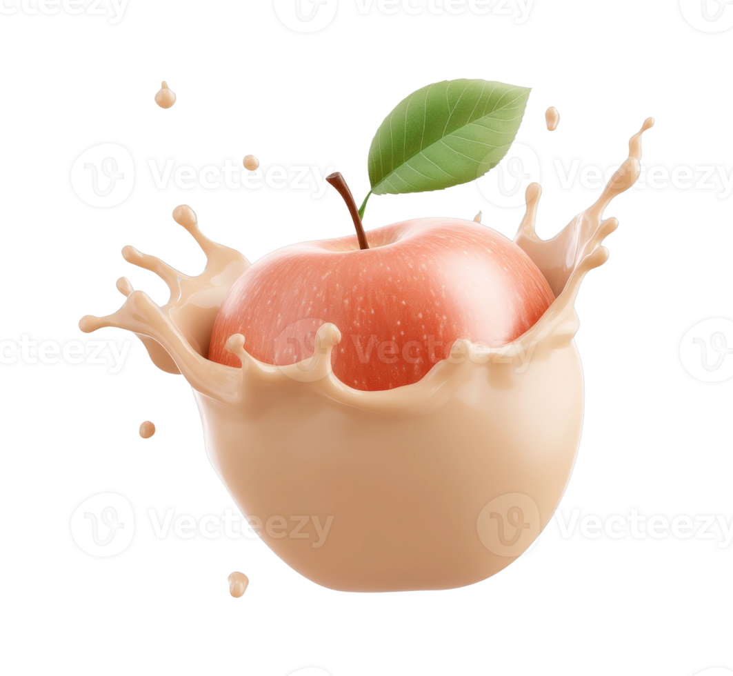 Red apple with leaf surrounded by splashes of cream png