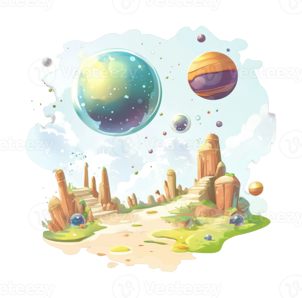 Fantasy planet landscape with colorful planets and rocky terrain png