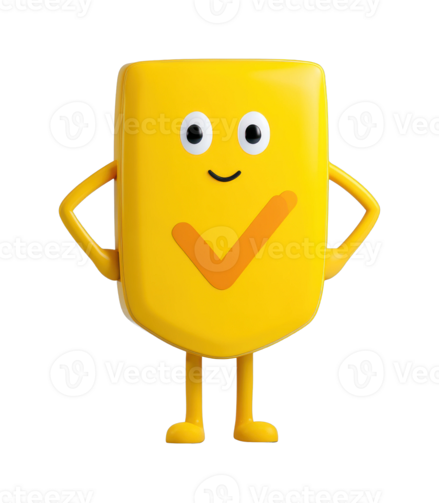 Cute yellow checkmark character with smiling face and arms png