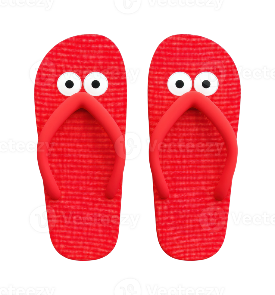 Red flip-flops with cartoon eyes design for quirky beachwear fashion png