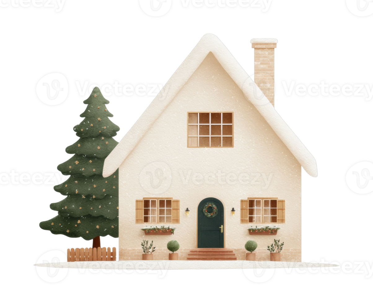 Snow-covered cottage with christmas decor and pine tree in winter wonderland png