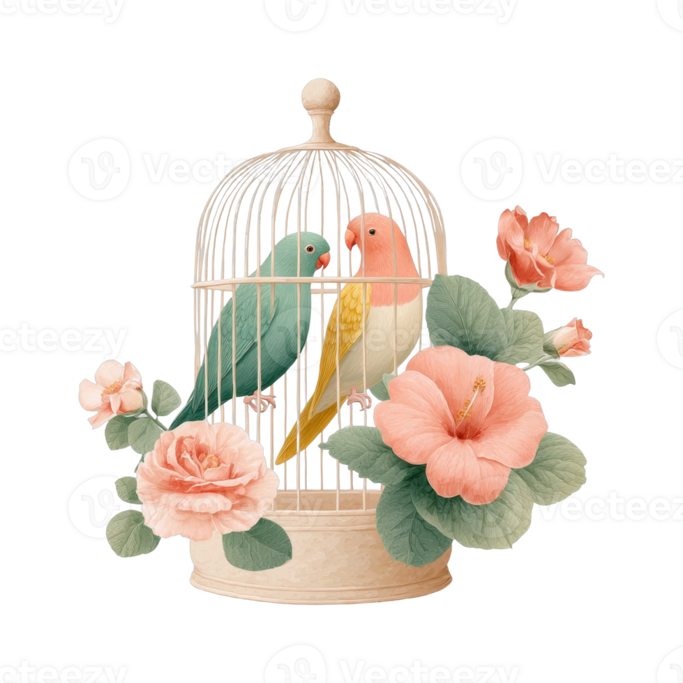 Two colorful parrots in a cage with pink flowers png
