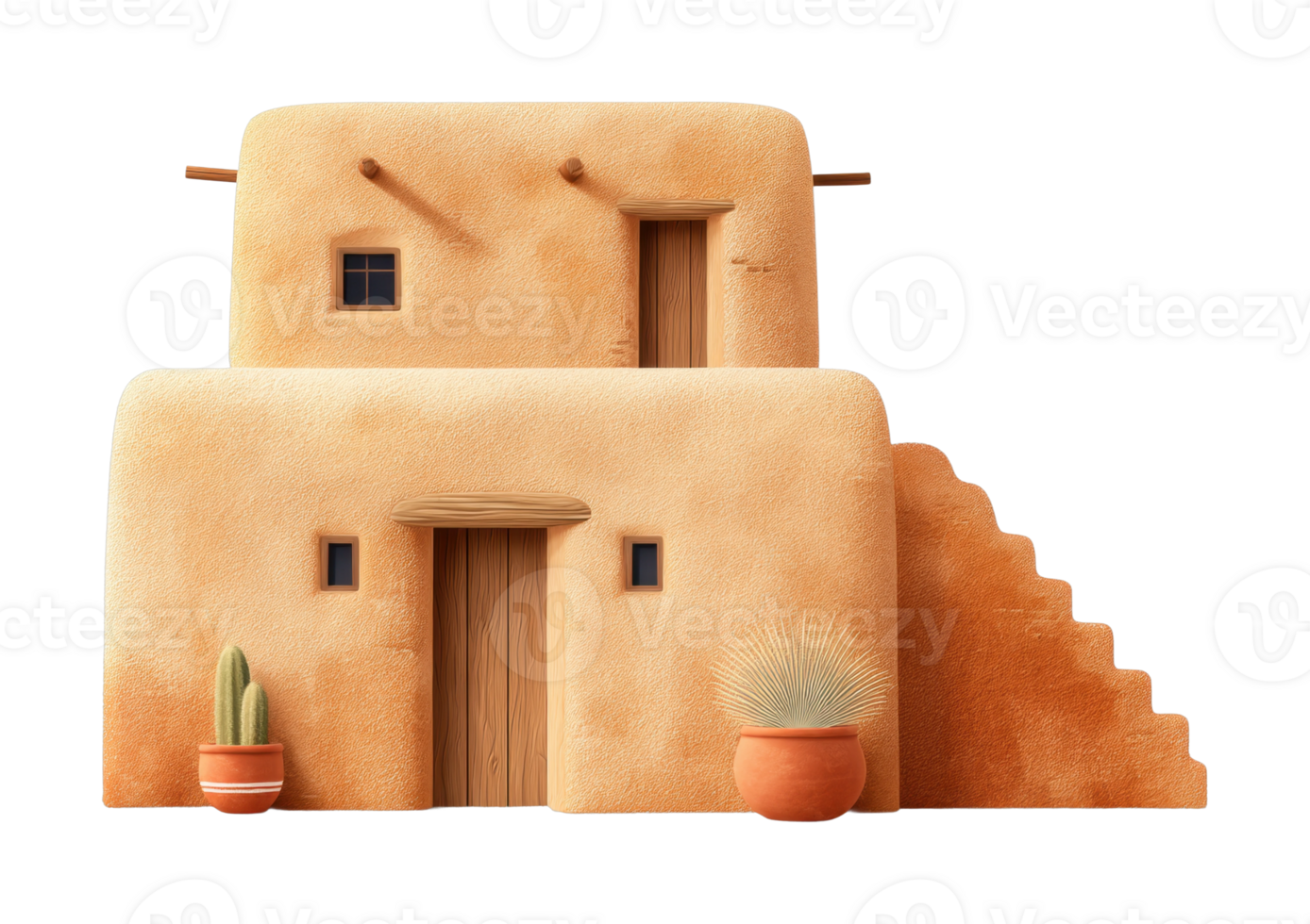 Adobe-style house with cacti and stone stairs in a desert setting png