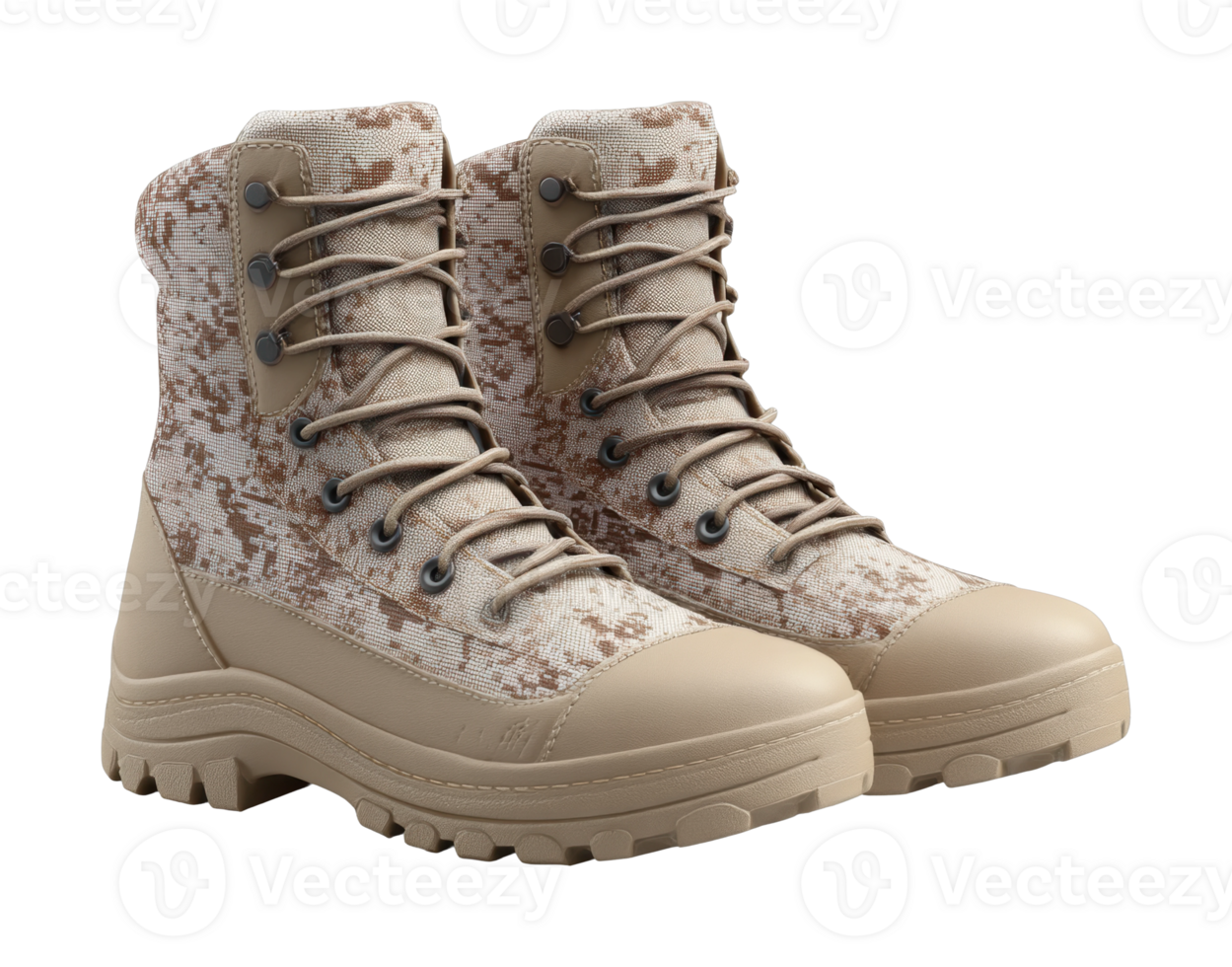 Rugged desert camouflage military boots with sturdy soles png