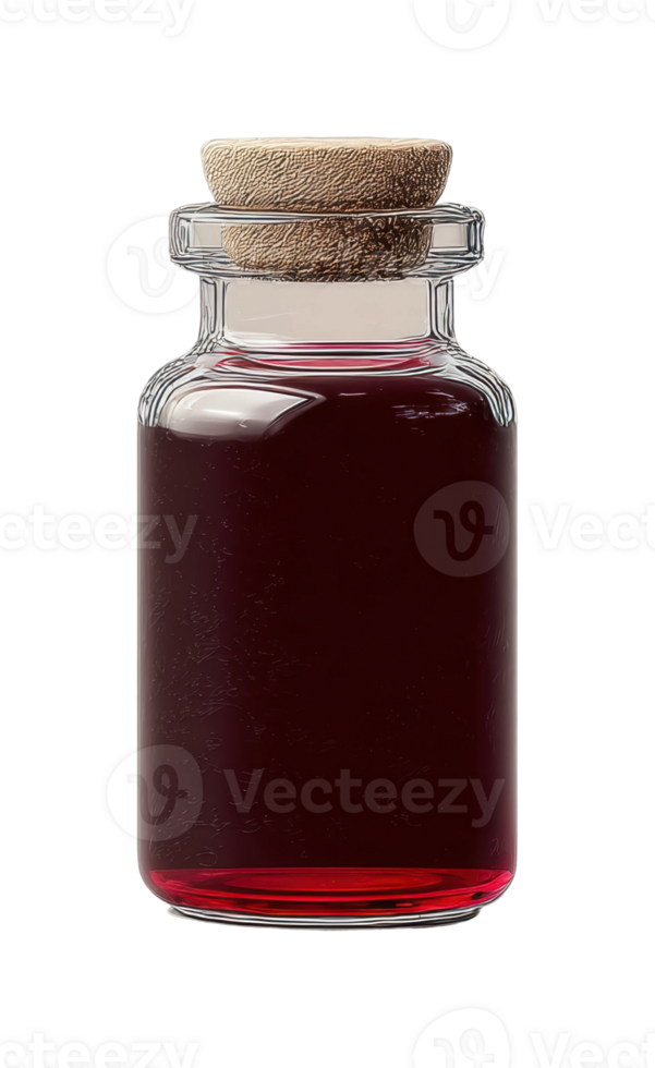 Glass bottle with cork stopper containing deep red liquid png