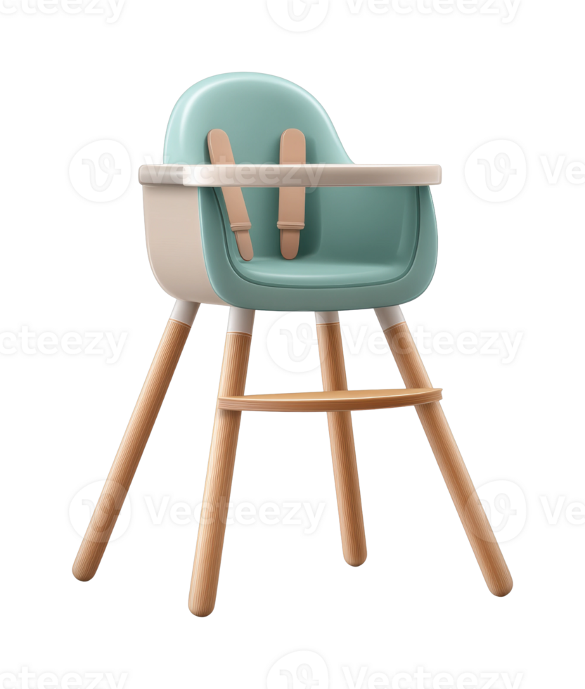 Modern baby high chair with wooden legs and safety straps png