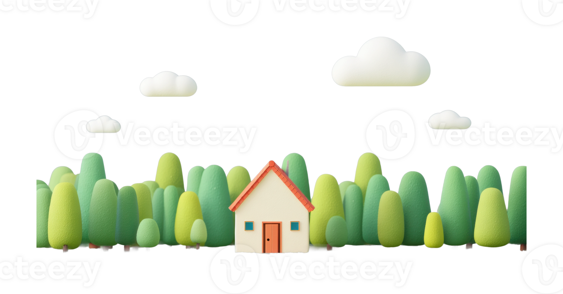 Charming house in whimsical forest landscape with fluffy clouds png