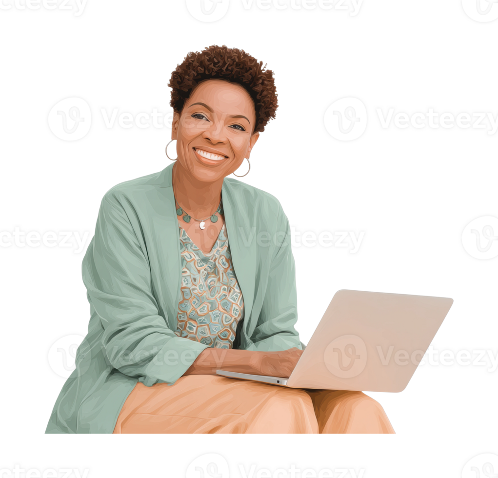 Smiling african female adult working on laptop in casual attire png