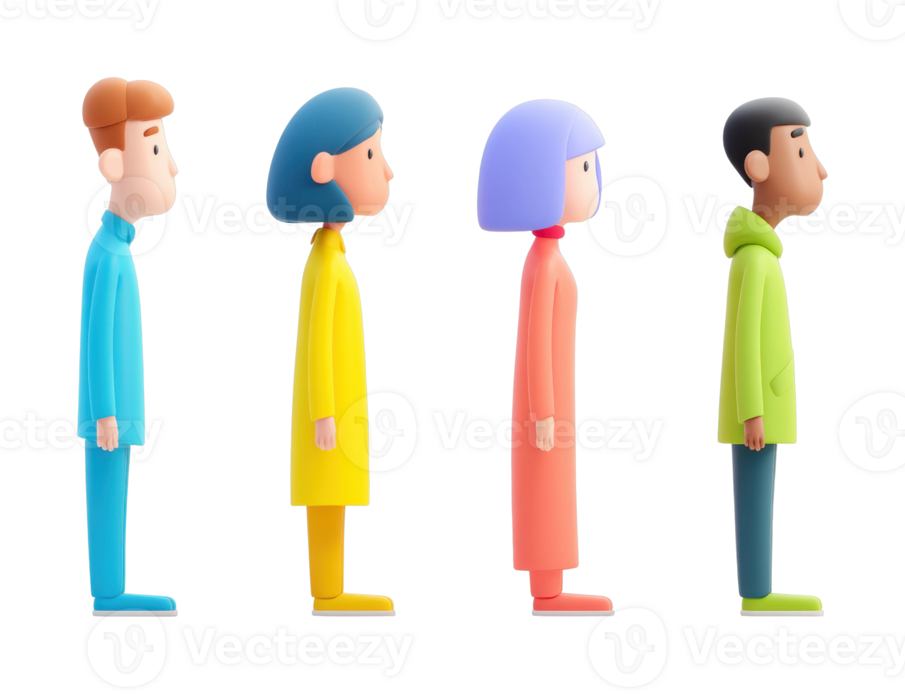 Colorful cartoon characters in profile view with diverse outfits png