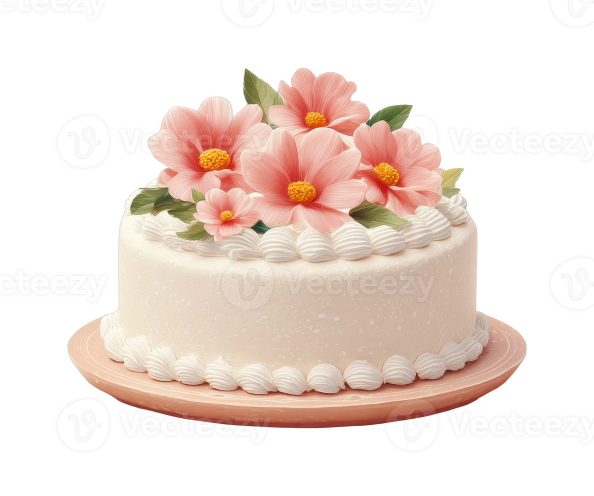 Delicious vanilla cake with pink floral decoration on a plate png