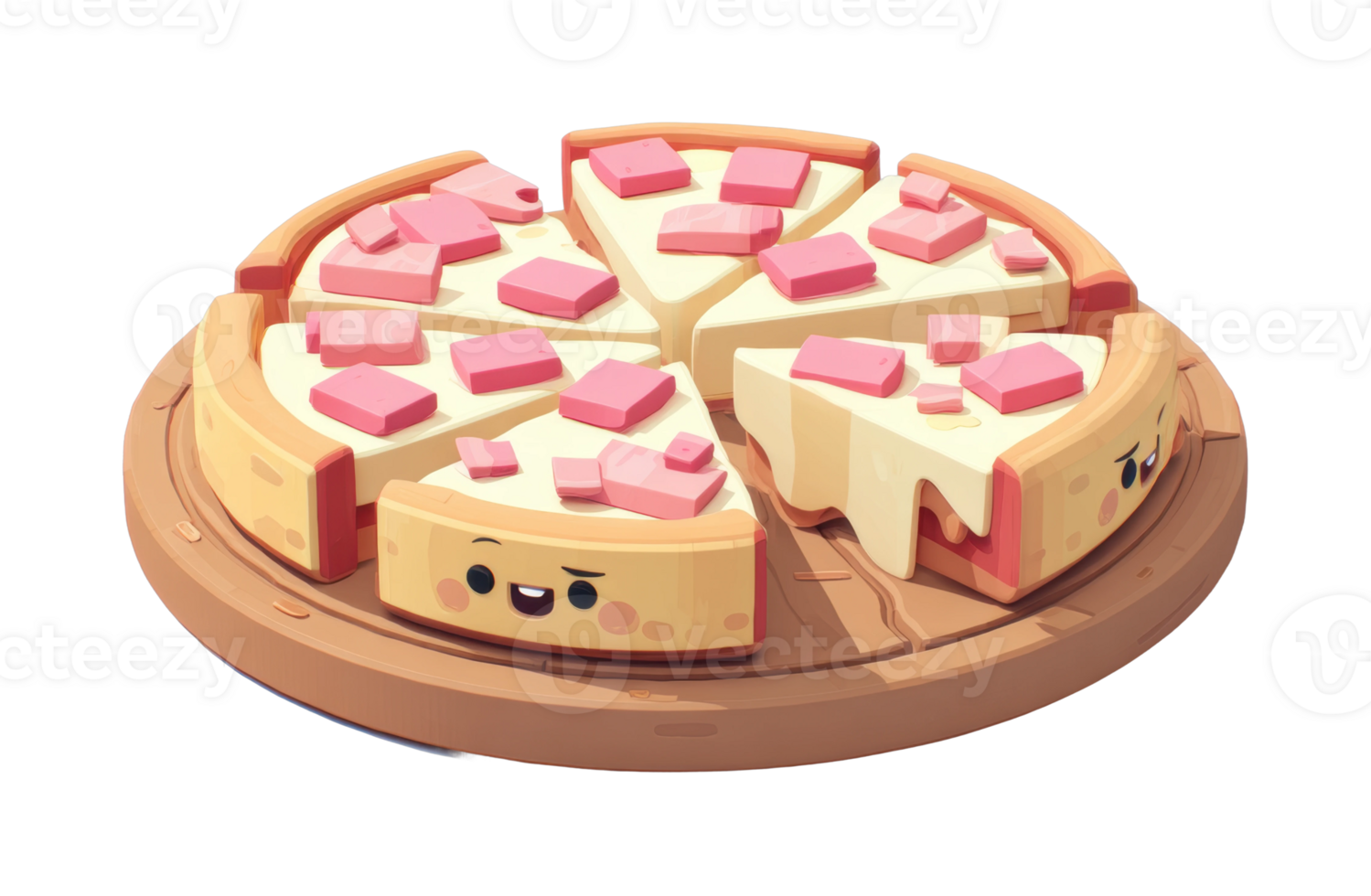 Cute cartoon cheese pizza with smiling faces on wooden plate png