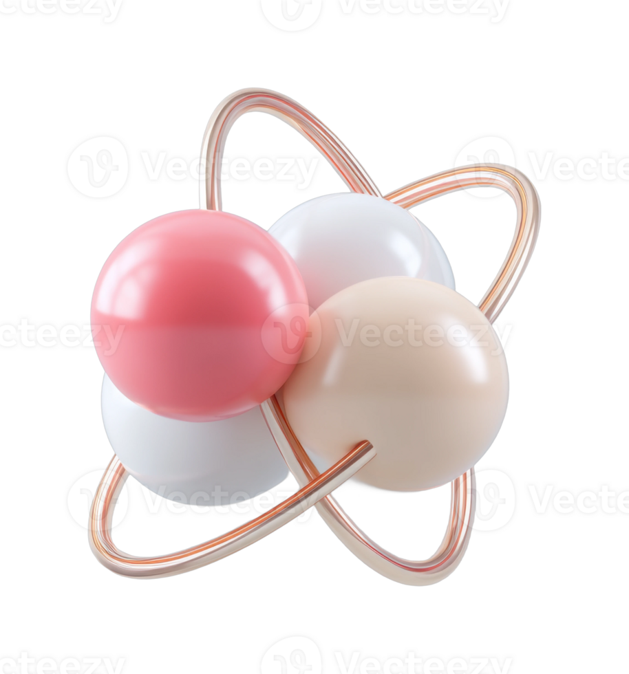 Abstract atom model with colorful spheres and metallic orbits png