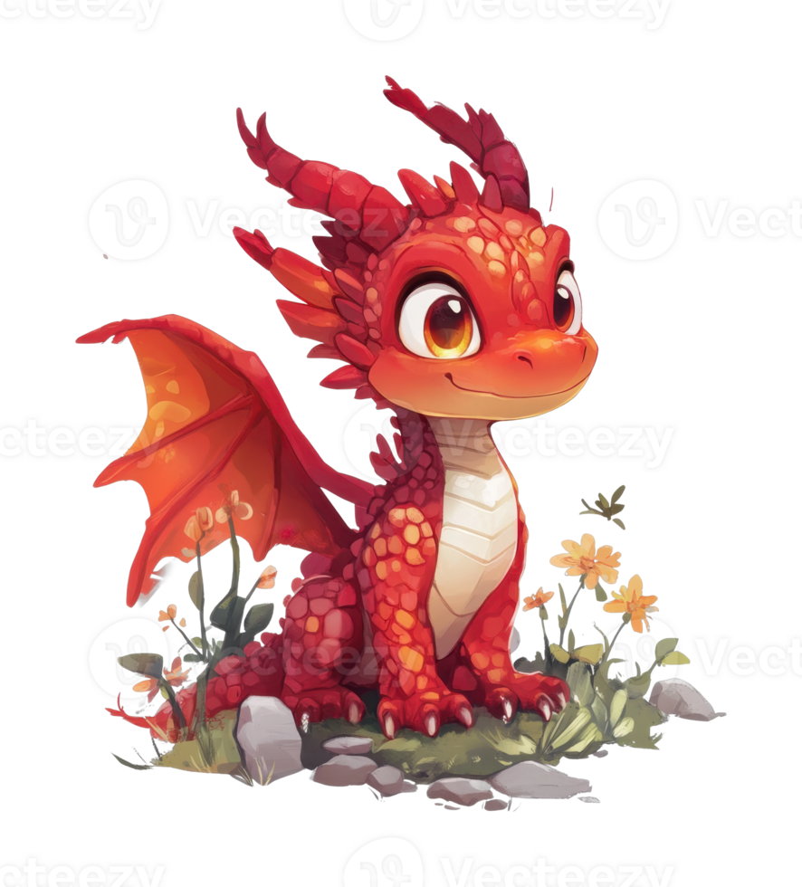 Cute red baby dragon with flowers and rocks in a fantasy setting png