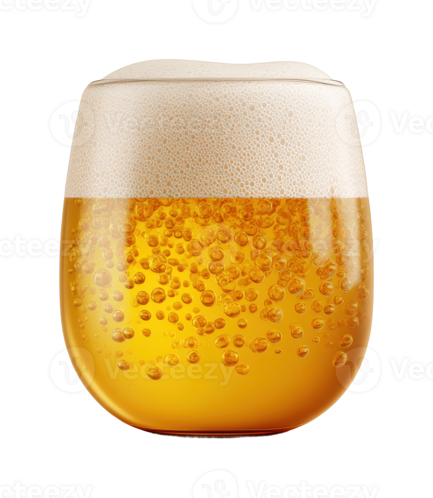 Close-up of a glass of refreshing beer with foamy head and bubbles png