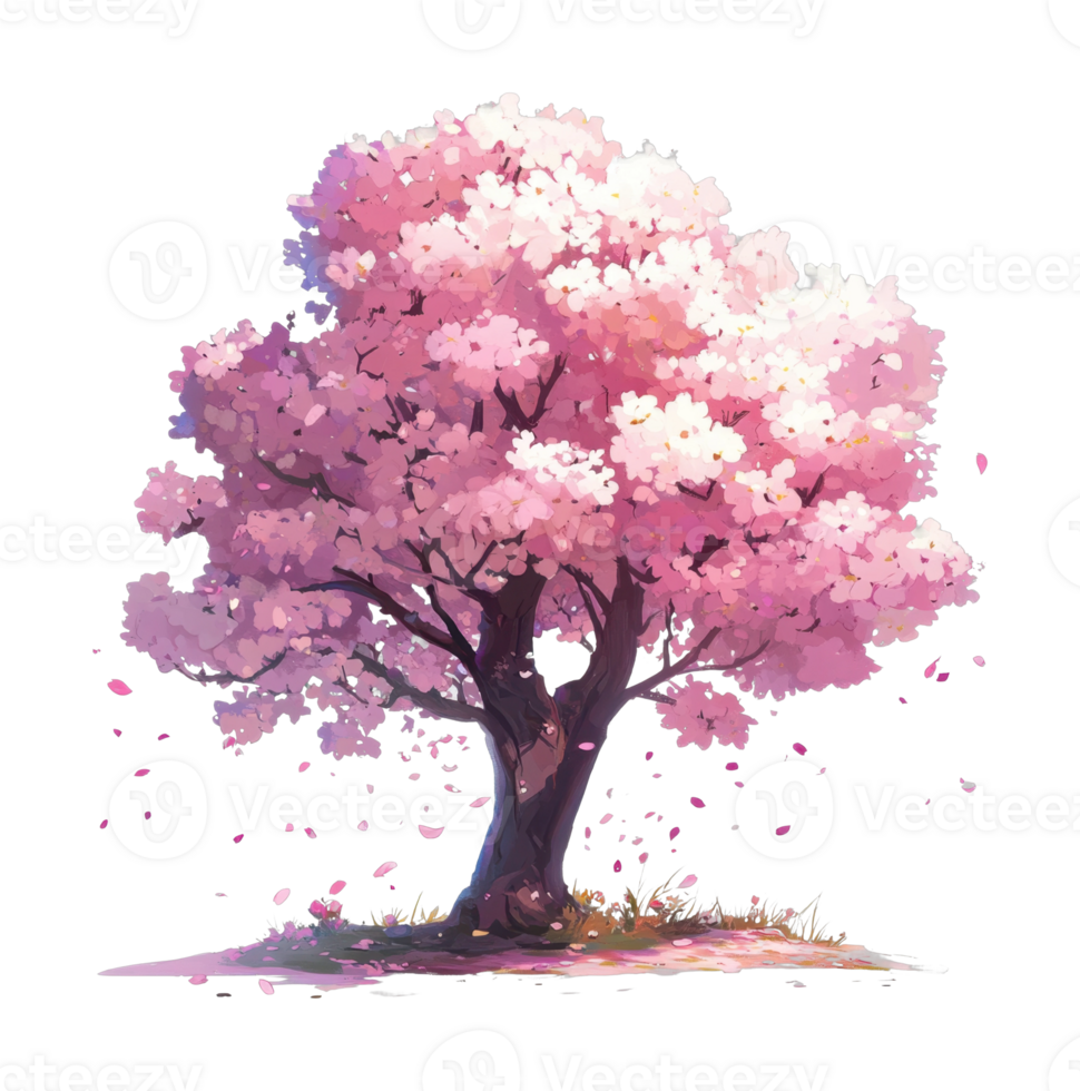 Vibrant cherry blossom tree in full bloom with petals falling gracefully png