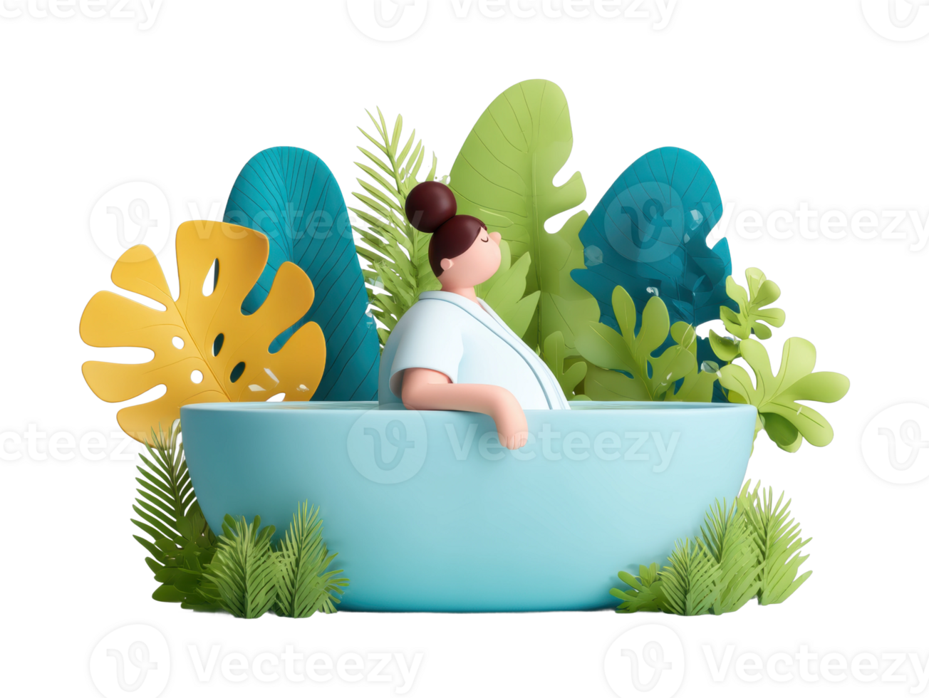 Female spa relaxation with tropical leaves in bathtub png