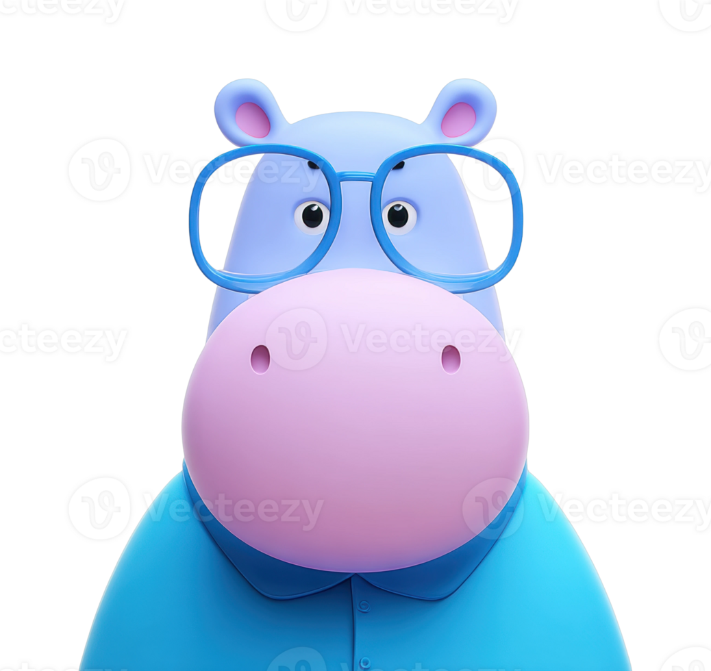 Cartoon hippo with glasses and blue shirt facing forward png
