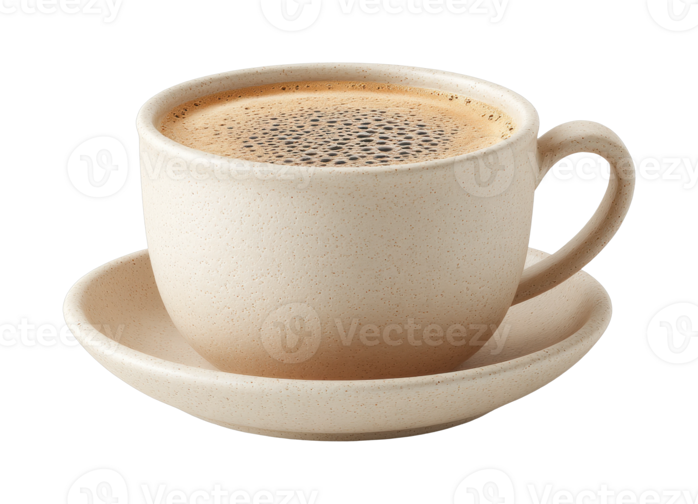 Creamy textured ceramic mug with freshly brewed coffee on saucer png