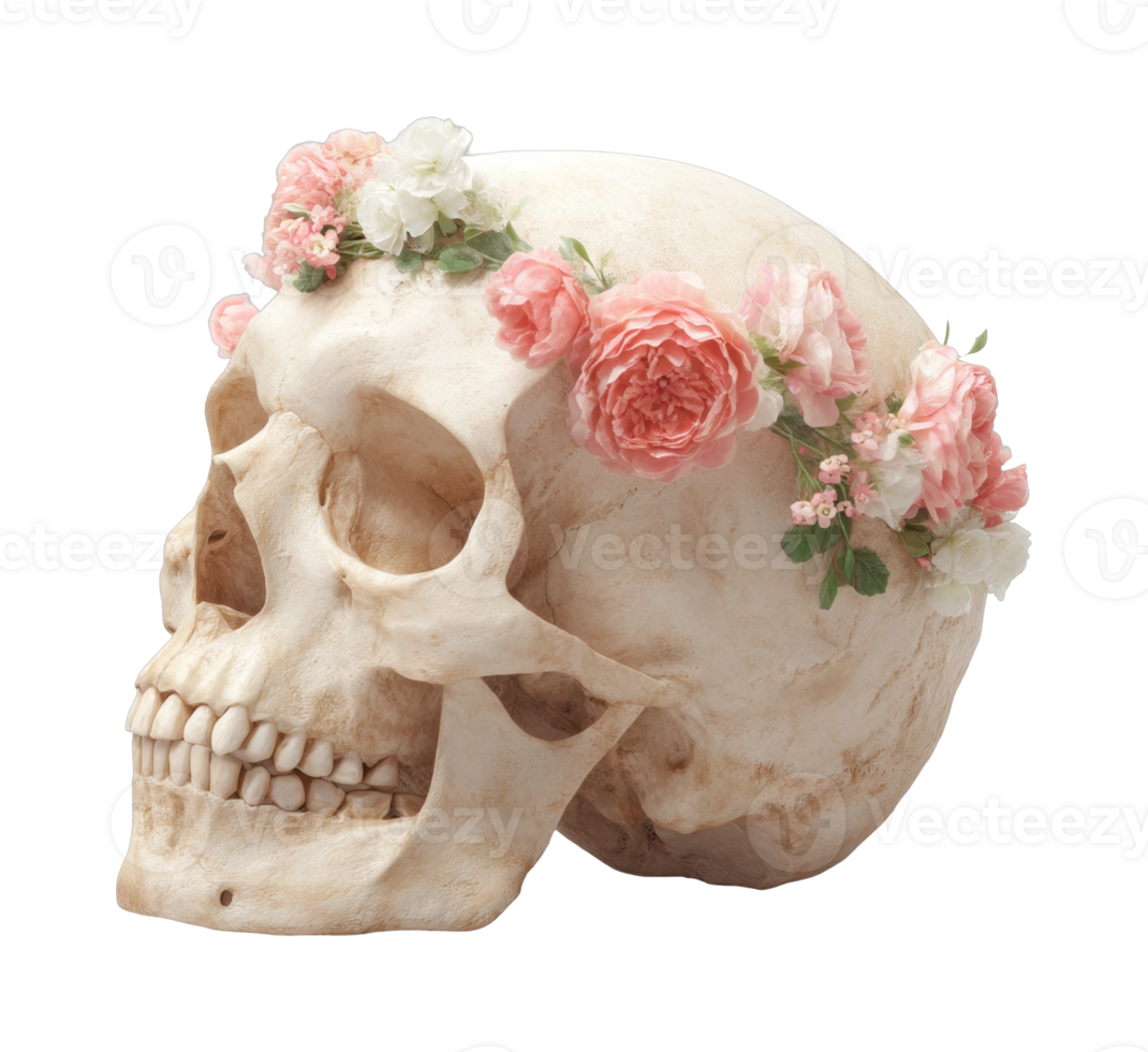 Human skull adorned with floral garland of pink and white blossoms png