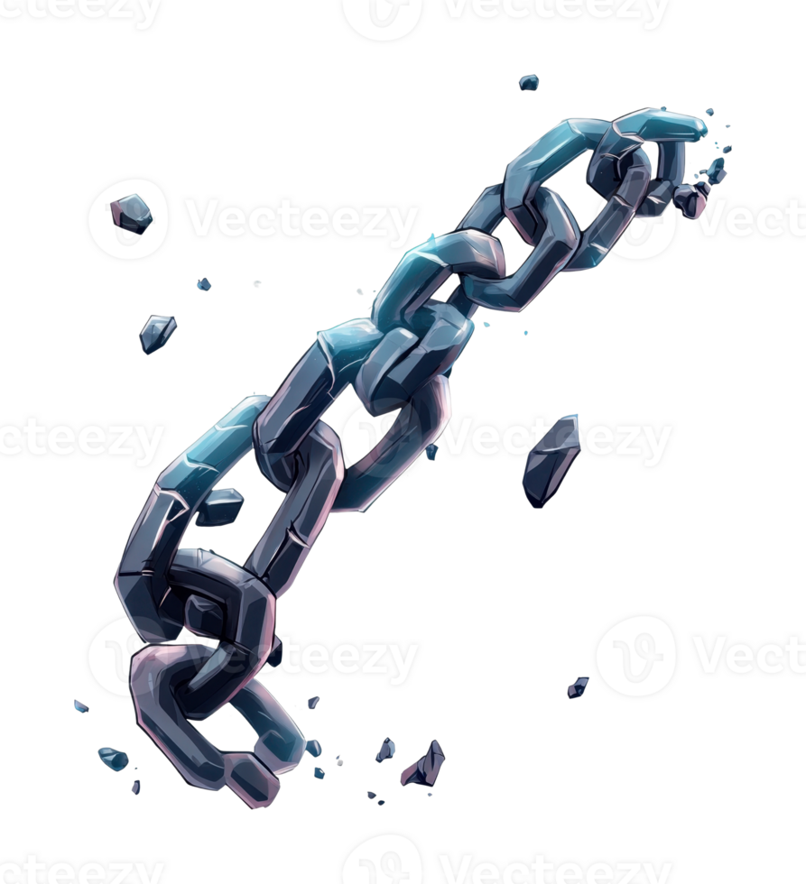 Broken metal chain with shattered links and fragments png