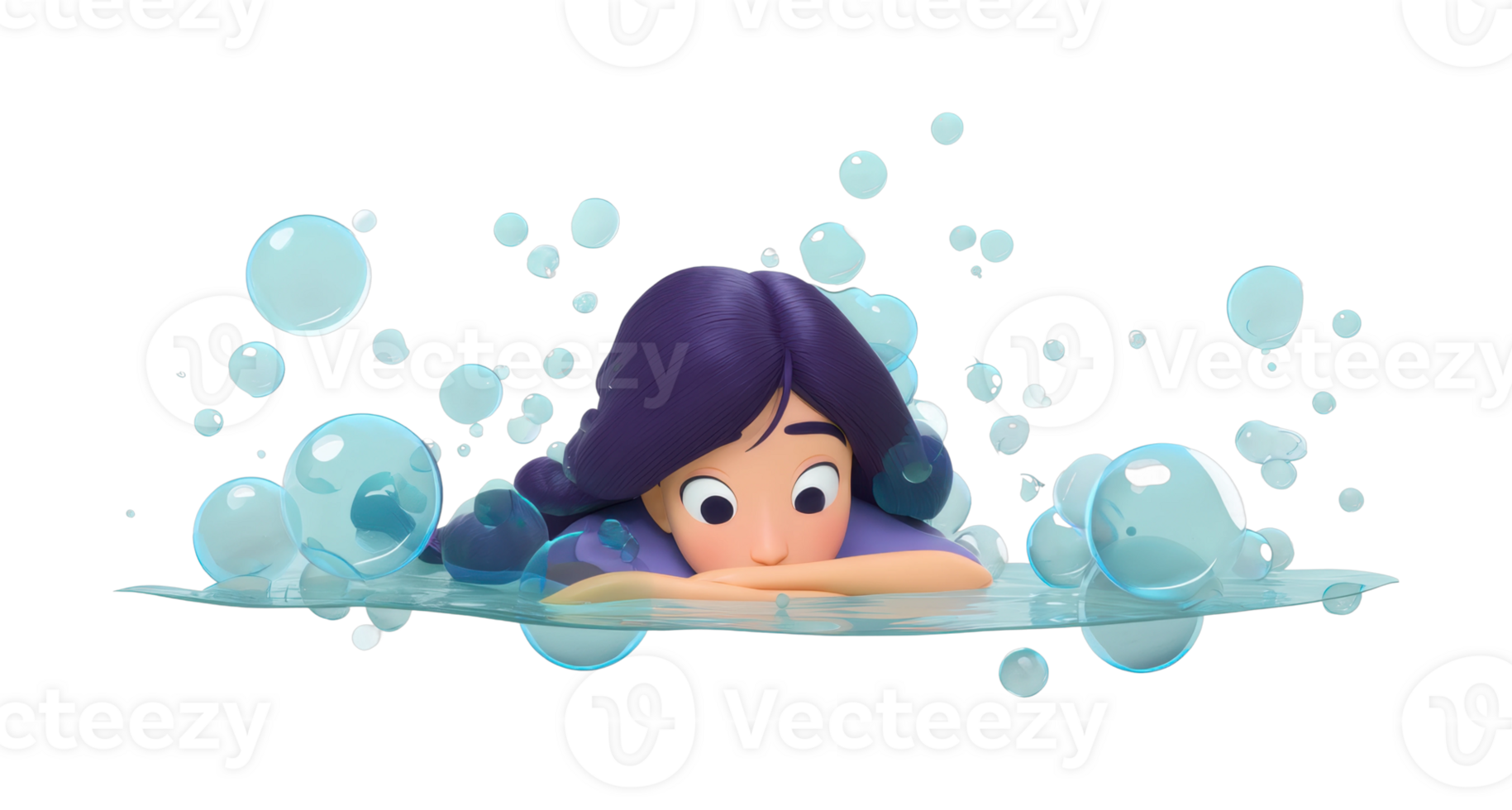Animated young female character relaxing in bubbles png